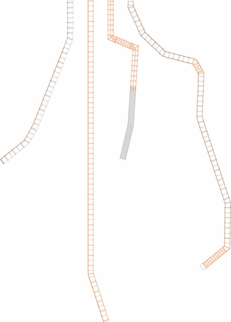 Plan of four individual boardwalks set out as a catalogue, comparing scale and plan-forms.