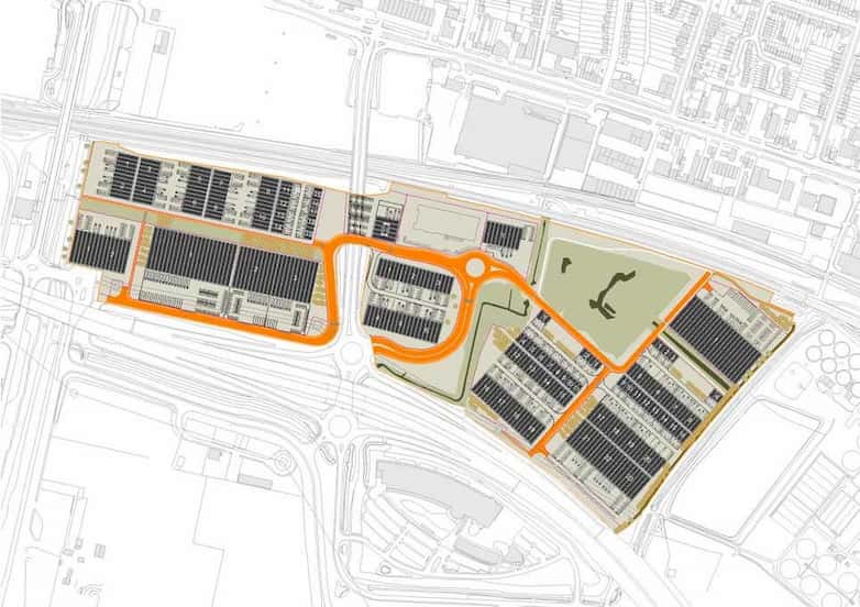 Indicative masterplan with new industrial development, access roads and landscaping.