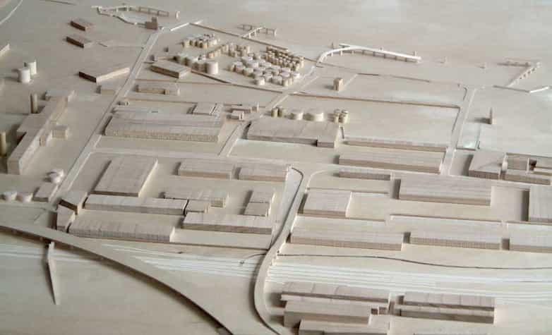 Model of proposed developments, A13 trunk road, Dagenham Dock station, and Thames wharves.