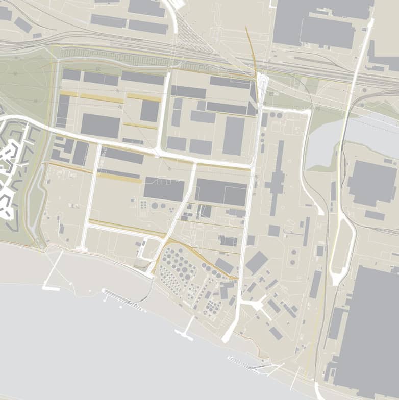 Framework plan and proposed developments, set in the context of the river Thames and active wharves.