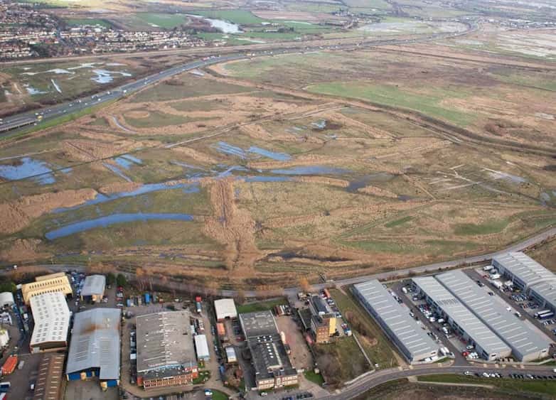 Aerial view of southern section of marsh, public paths integrated with extensive wet grassland.