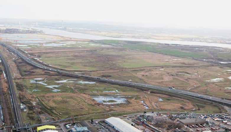 Aerial view of the trackway with Rainham marshes, and the river Thames